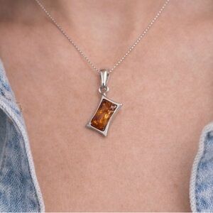 925 Sterling Silver Amber Pendant Rectangular Minimalist Charm
